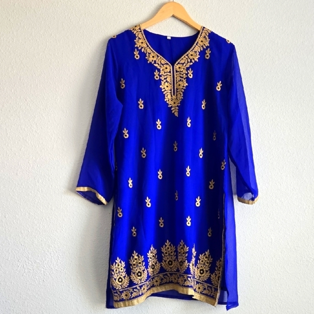 Elegant Royal Blue and Gold Embroidered Tunic Top Summer Indie Ethnic